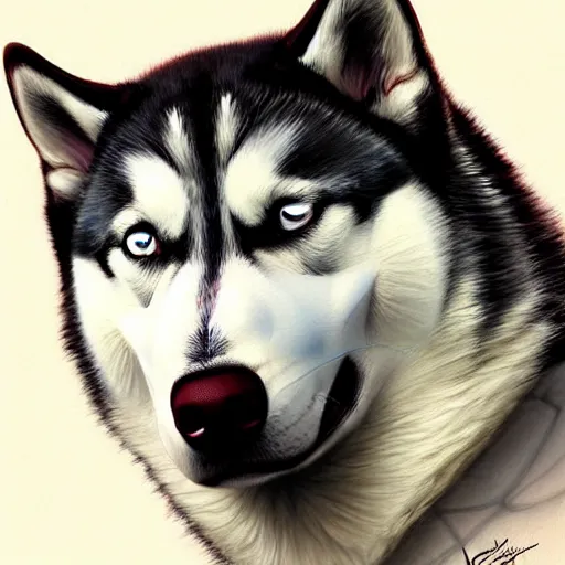 Prompt: beautiful detailed picture of a husky dressed in a tuxedo, intricate, elegant, highly detailed, my rendition, digital painting, artstation, concept art, smooth, sharp focus, illustration, art by artgerm and greg rutkowski and alphonse mucha