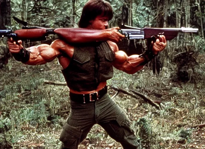 Image similar to arnold schwarzenegger in a still from the movie Rambo (1982)