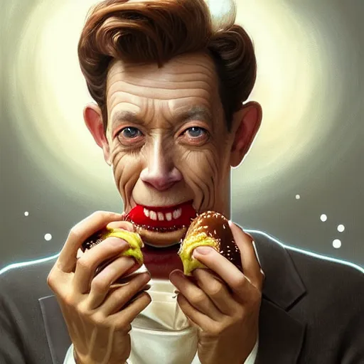 Image similar to portrait of barney fife eating hamburgers, extra onions and ketchup, luscious patty with sesame seeds, feminine ethereal, handsome, d & d, fantasy, intricate, elegant, highly detailed, digital painting, artstation, concept art, matte, sharp focus, illustration, art by artgerm and greg rutkowski and alphonse mucha