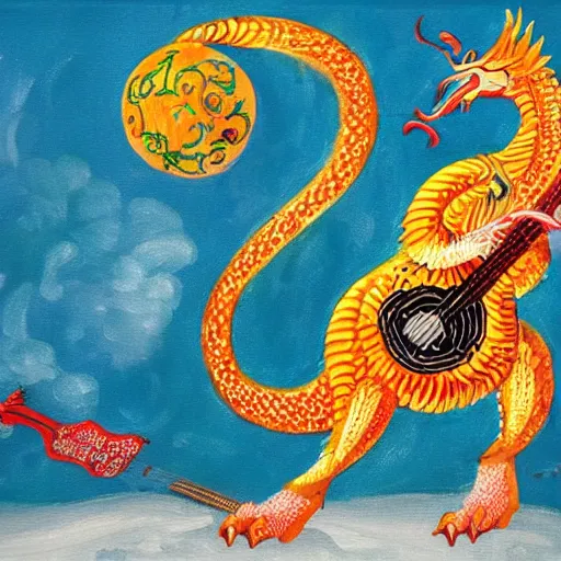 Image similar to russian dragon playing balalika guitar, childrens painting ,