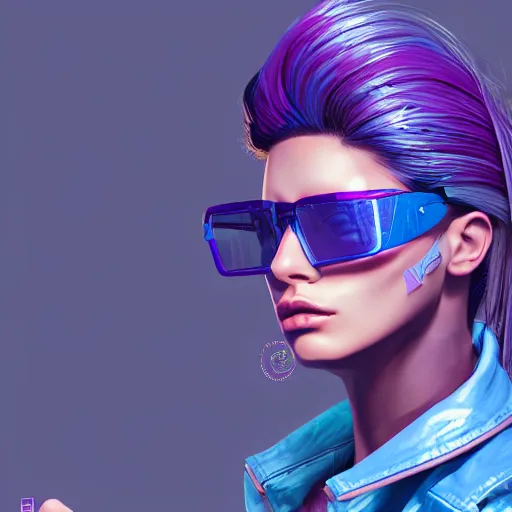 Image similar to closeup painting of a very beautiful young mexican cyberpunk woman with a smirk, wearing light blue venetian blind shades and a purple coloured leather jacket, one side haircut, long brown hair with light blue ends, portrait, hyperdetailed, artstation, cgsociety, 8 k, synthwave image