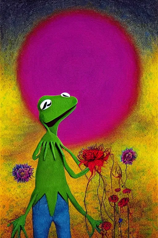 Prompt: surreal Kermit the Frog, magic realism, flowerpunk, mysterious, vivid colors, contrast, clarity, by andy kehoe