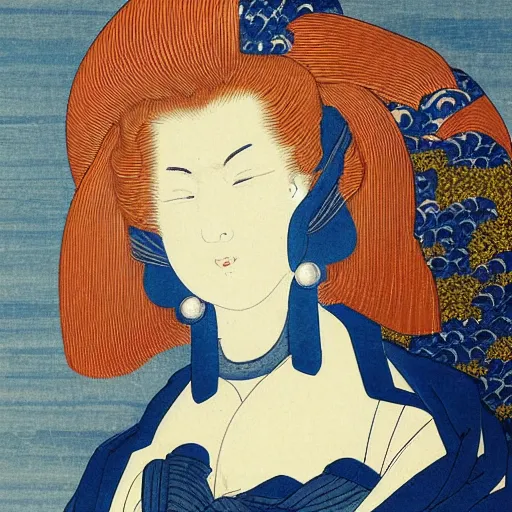 Prompt: Sculpture. A beatiful portrait of a young woman, pictured from the shoulders up, wearing a pearl necklace and earrings. She has blonde hair that is styled in loose curls, and she is looking to the side with a soft expression. cool indigo by Katsushika Hokusai, by Mat Collishaw robust