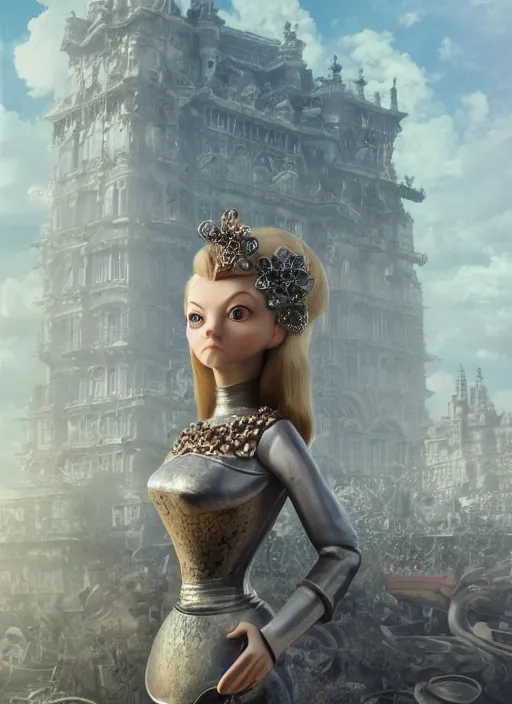 Image similar to full body of a tin toy natalie dormer, depth of field, zeiss lens, detailed, symmetrical, centered, fashion photoshoot, by nicoletta ceccoli, mark ryden, lostfish, earl nore, hyung tae, frank frazetta, breathtaking, 8 k resolution, extremely detailed, beautiful, establishing shot, artistic, hyperrealistic, octane render