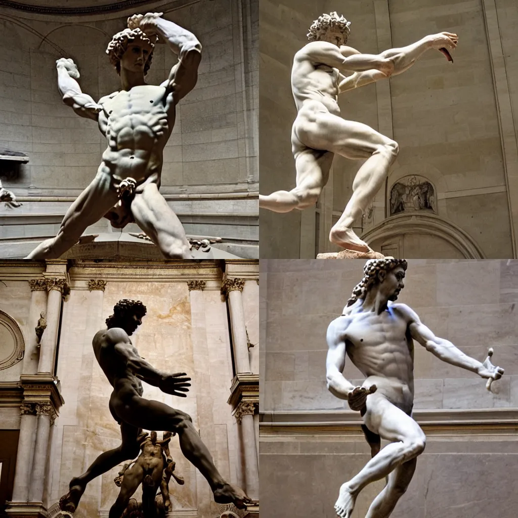 Prompt: Michelangelo's famous statue of David dropkicking Goliath right in the face, marble statue, museum setting, award winning photograph