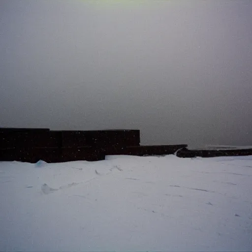 Image similar to photo of green river, wyoming cliffs covered in ice and snow, during a snowstorm. a old man in a trench coat and a cane appears as a hazy silhouette in the distance, looking back over his shoulder. cold color temperature. blue hour morning light, snow storm. hazy atmosphere. humidity haze. kodak ektachrome, greenish expired film, award winning, low contrast.