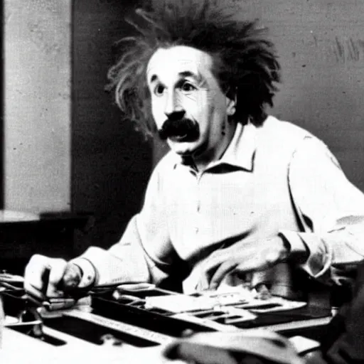 Image similar to vintage photo of einstein competing in a super smash bros tournament