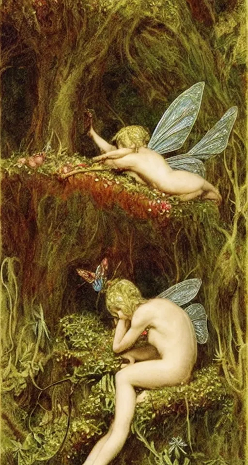 Image similar to a small fairy in a dewy mushroom, art by J. A. Fitzgerald, Richard Dadd, Henry Fuseli, beautiful chararacter art, highly detailed, ethereal, beautiful