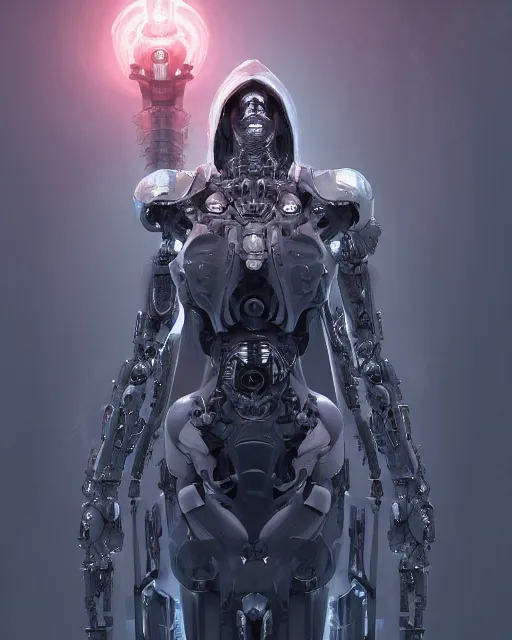 Image similar to benevolent android necromancer, aura of light, artificial intelligence, scifi, futuristic, highly detailed, trending on artstation, advanced technology, art by vitaly bulgarov