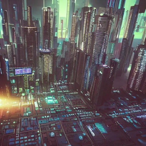 Prompt: “looking out over a 3D model of a cyberpunk city. Scene rendered inside of a large server room. The computer servers are actually the buildings in the city.”