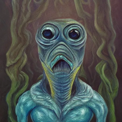 Image similar to fish person portrait, deep one, love craftian, innsmouth, painting, Eerie