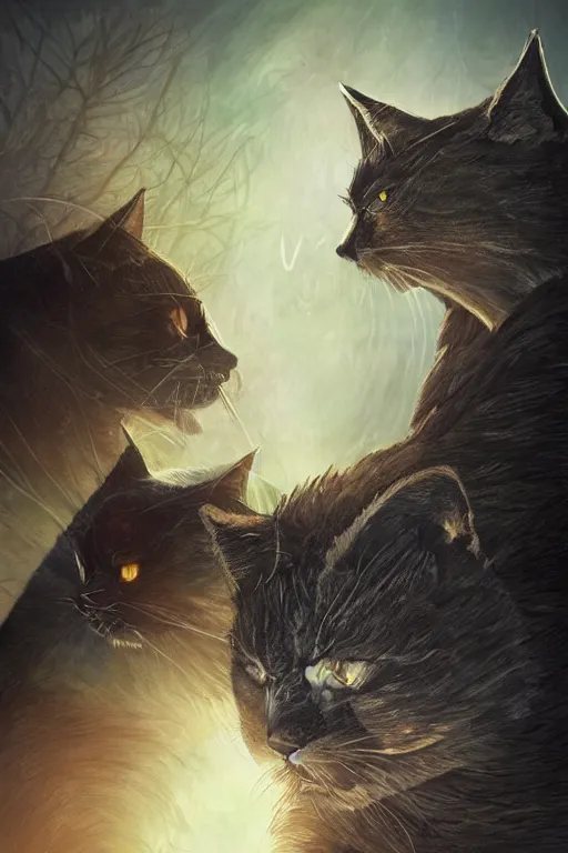 Image similar to a book cover for warrior cats by wayne mclouglin, depth of field, sun flare, hyper realistic, very detailed.