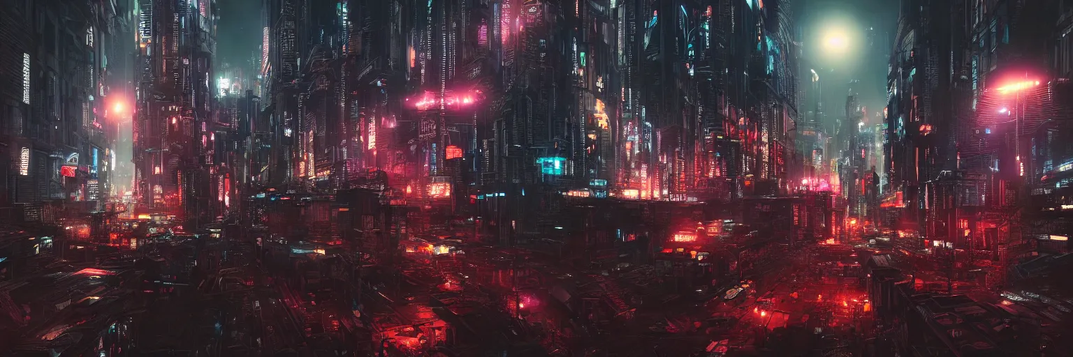 Prompt: An image of dystopian cyberpunk city at night, 8k, 4k, landscape, high contrast, sharp focus, digital art, Artstation