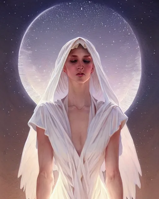 Image similar to Angels in white gauze dresses, the glow of the moonlight, fantasy, intricate, elegant, highly detailed, digital painting, artstation, concept art, matte, sharp focus, illustration, art by Artgerm and Greg Rutkowski and Alphonse Mucha, trending on instagram