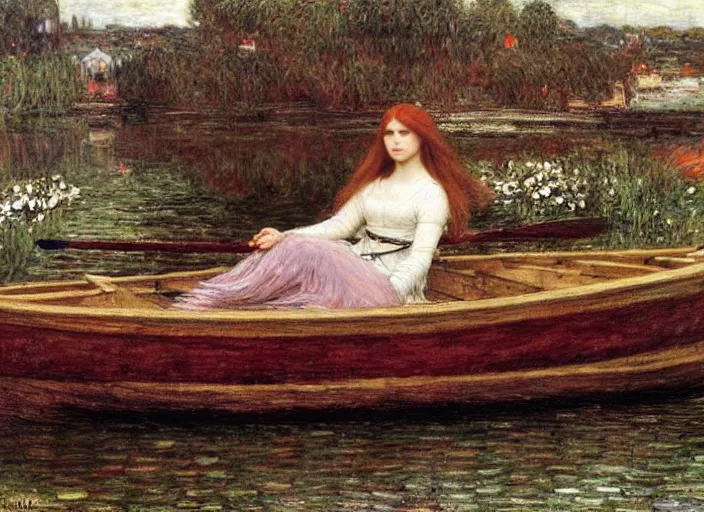 Image similar to lady of shallot in a boat by john william waterhouse, rosetti, monet, william holman hunt, 8 k