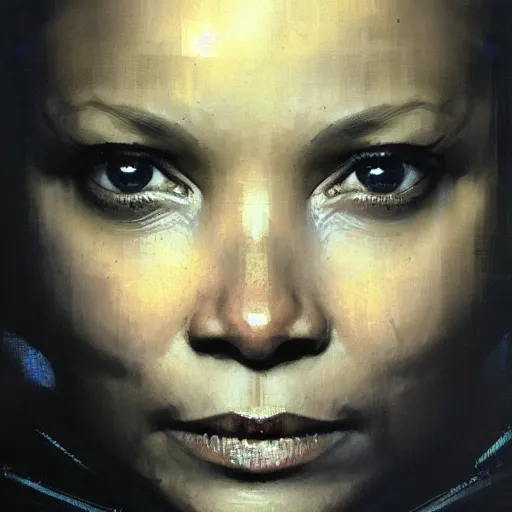 Image similar to thandie newton, hyperrealistic portrait, bladerunner street, art of elysium by jeremy mann and alphonse mucha, fantasy art, photo realistic, dynamic lighting, artstation, poster, volumetric lighting, very detailed face, 4 k, award winning