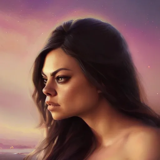 Prompt: closeup portrait of mila kunis as a beautiful radiant queen, crown, serene colors, lake background, complimentary contrast, dramatic lighting, masterpiece, high contrast, painted by stanley lau, painted by greg rutkowski, painted by stanley artgerm, digital art, trending on artstation