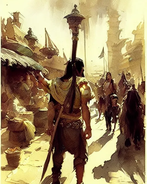 Prompt: fantasy concept art by anders zorn depicting colin farrell as an ancient egyptian rogue walking through a busy oriental market