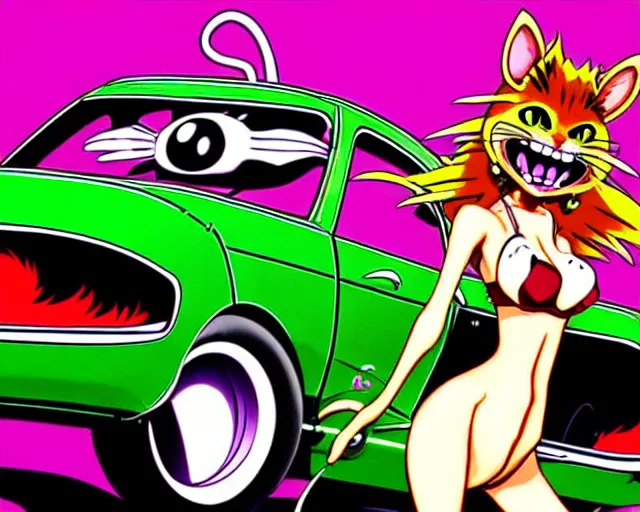 Image similar to high - quality anime catgirl in rat fink style by ed roth, crazy bulging eyes janky teeth riding in a hot rod, road rage, inspired by rat fink hot rods and 8 0 s bishoujo anime, vhs filter