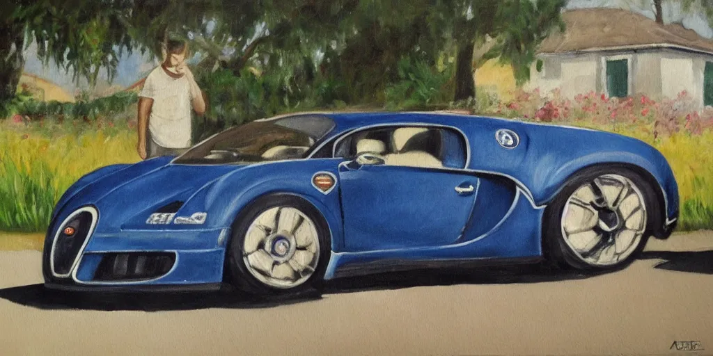 Prompt: a painting of andrew tate and his bugatti by bob ross