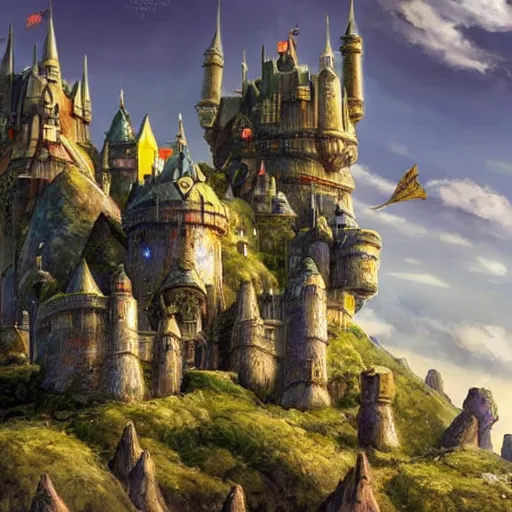 Image similar to large fantasy castle on top of a giant tortoise similar to howls moving castle and mortal engines, located in a harsh wasteland with harsh sunlight, distant - mid - shot, fantasy, hyper detailed, realistic