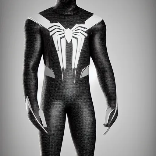 Image similar to black spider - man suit with white web lining, cinematic, volumetric lighting, realistic, hyperdetailed, photorealistic, photograph