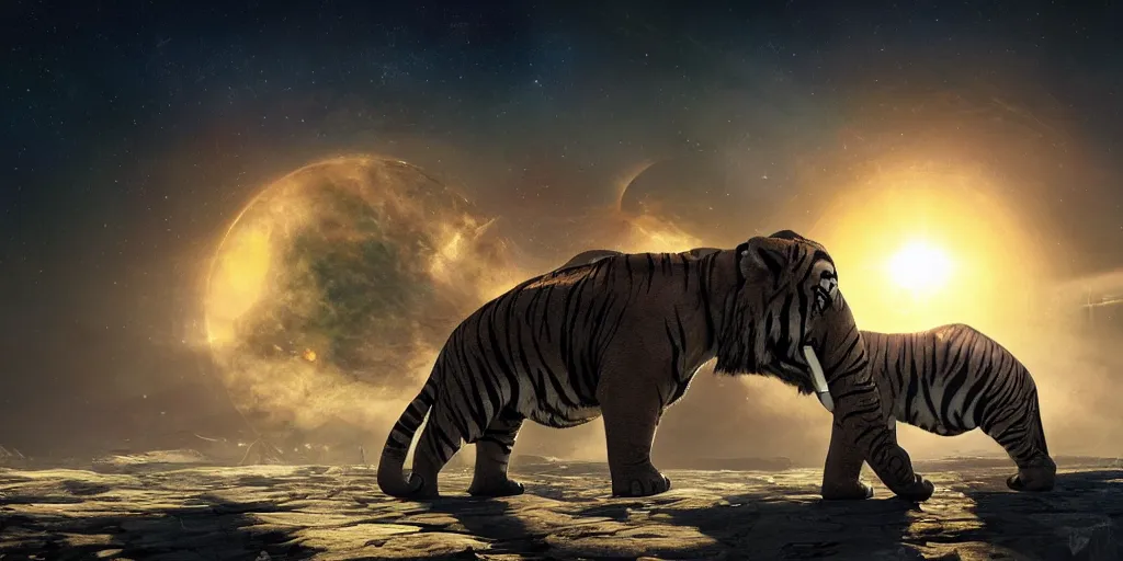 Image similar to planet - sized tiger elephant in space, next to the sun and stars, giant castle, very wide shot, epic composition, hyper detailed, digital art, trending in artstation, cinematic lighting, studio quality, unreal engine 5 rendered, art style by klimt and nixeu and ian sprigger and wlop and krenz cushart