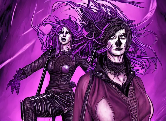 Prompt: fantasy comic cover art of female hero lead singer in a rock band of grim reapers, battling in a purple post apocalyptic hellscape, detailed faces, intricate details, stunning inking lines, stunning gradient colors, 4 k, hd, artstation, award winning