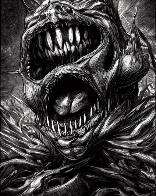 Image similar to A crate with tongue and tooth, terrifying, black and white, fantasy art, monster art, in the style of masami kurumada, illustration, epic, fantasy, intricate, hyper detailed, artstation, concept art, smooth, sharp focus, ray tracing