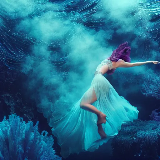 Image similar to woman dancing underwater wearing a flowing dress made of blue and magenta seaweed, delicate coral sea bottom, swirling silver fish, swirling smoke shapes, octane render, caustics lighting from above, cinematic