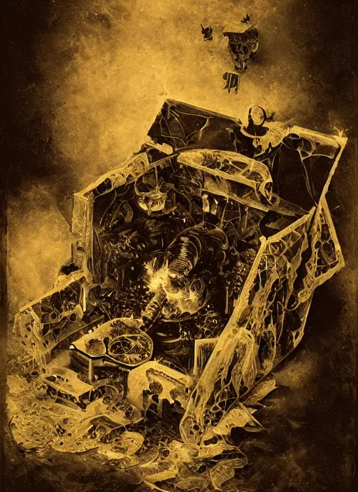 Prompt: old wetplate daguerreotype demoniacal beats explosion of data fragments, fractal, intricate, elegant, highly detailed, parallax, leica, medium format, subsurface scattering, by jheronimus bosch and greg rutkowski and louis jacques mande daguerre and brom