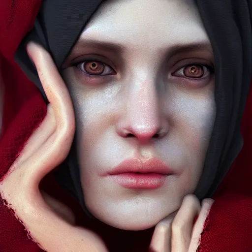 Image similar to woman with cloth covering her whole face, highly detailed, modern, digital art, red color, unreal engine, photorealism, cinematic lighting, 8k photorealistic, dramatic, trending on artstation, by Greg Rutkowski