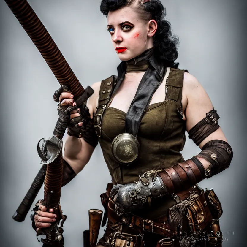 Image similar to full length photo of a very beautiful female dieselpunk warrior with weapons, 8 k, hdr, smooth, sharp focus, high resolution, award - winning photo