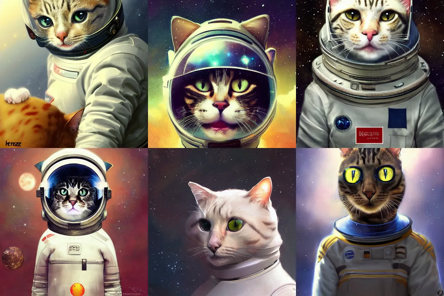 Image similar to head and shoulders masterpiece portrait of a cat wearing a spacesuit, surreal background, digital art by Krenz Cushart, trending on artstation, cgsociety,