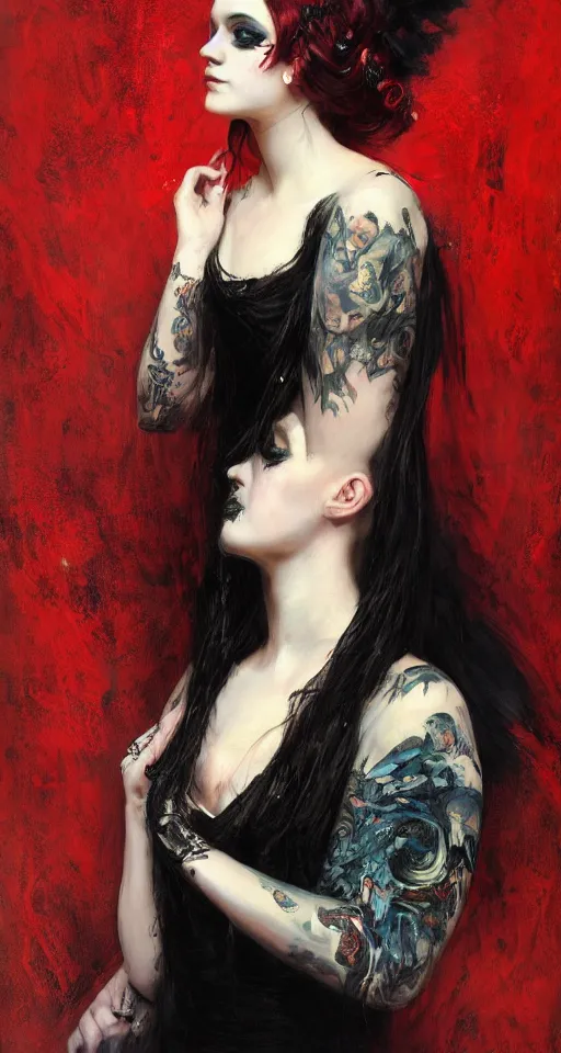 Image similar to one person only. One head only. Long flowing dress. Oversized flowing swirling dress. Solomon Joseph Solomon and Richard Schmid and Jeremy Lipking victorian genre painting portrait painting of a young beautiful woman punk rock goth with punk rock haircut in fantasy costume, red background