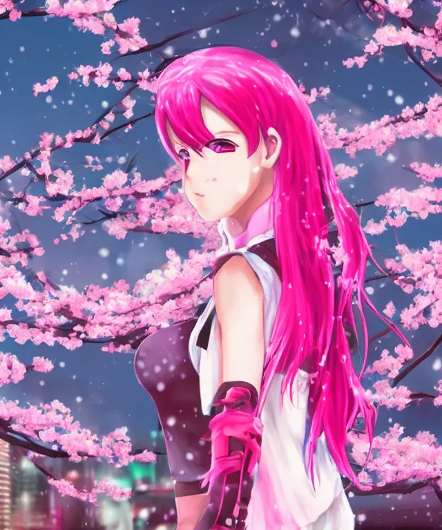 Prompt: anime girl with pink hair, pink flames, video game, cherry blossoms, neo tokyo