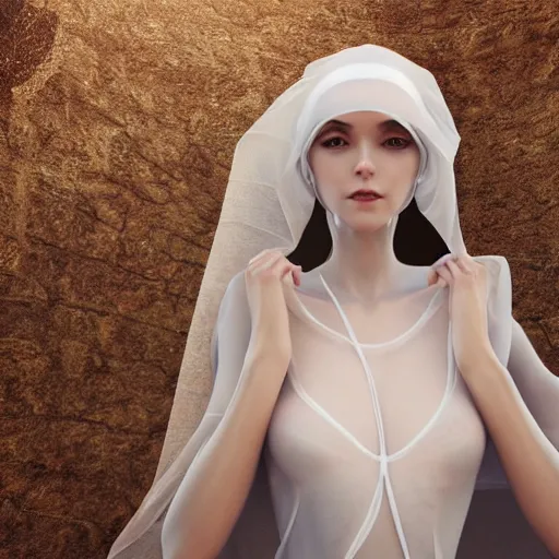Prompt: hight focus of a wonderful realistic sweet wonderful symmetrical lady with fine white veils of semi - transparent silk that wrap and float on her body moved by the wind dramatic light, cinematic, artstation, octane render 8 k s 1