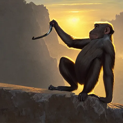 Image similar to a monkey throwing a bone to the air , dramatic lighting, cinematic, establishing shot, extremly high detail, photorealistic, cinematic lighting, artstation, style by James Gurney