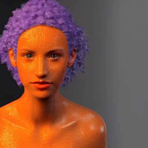Prompt: 3 d render of wet orange skin with purple warts and curly hairs texture map | seamless | unreal engine | octane | red shift
