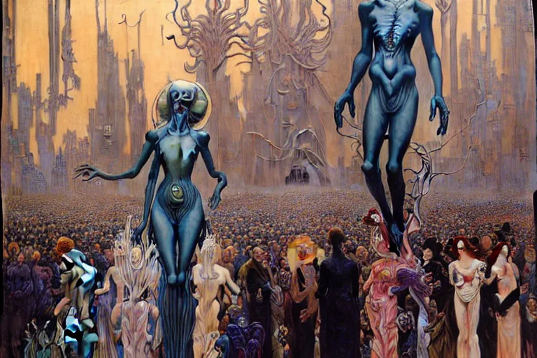 Image similar to realistic extremely detailed portrait painting of an elegant vampire in a crowded futuristic street, detailed alien crowd in the background by Jean Delville, Amano, Yves Tanguy, Alphonse Mucha, Mark Brooks, Ernst Haeckel, Edward Robert Hughes, Roger Dean, rich moody colours, blue eyes