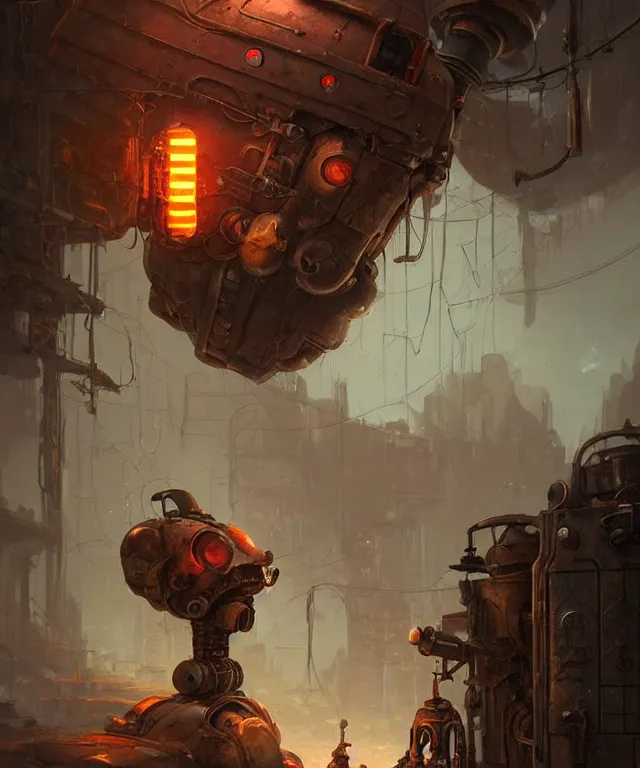 Prompt: an rusty old vintage sci - fi robot, standing an abandoned alleyway, dnd character art portrait, matte fantasy painting, deviantart artstation, by jason felix by steve argyle by tyler jacobson by peter mohrbacher, cinematic lighting