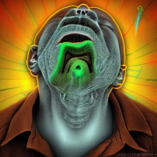 Image similar to man with a tab of acid on his tounge, digital art by mad dog jones