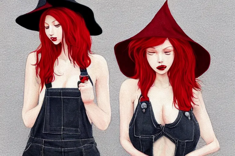 Prompt: beautiful woman, red hair covers face, witch hat, dainty figure, torn overalls, short shorts, combat boots, wet tshirt, raining, basic white background, side boob, symmetrical hands, portrait, elegant, intricate, digital painting, artstation, concept art, smooth, sharp focus, illustration, art by artgerm and greg rutkowski and alphonse mucha,