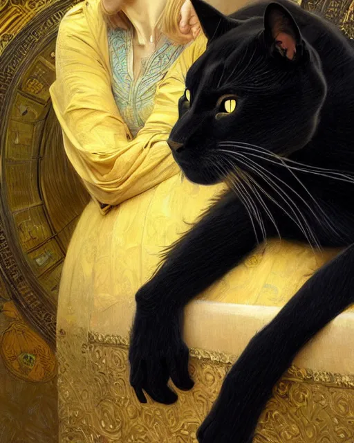 Image similar to Portrait of a giant black cat with yellow eyes and a sleeping blonde lady in Lisbon, real life skin, intricate, elegant, highly detailed, artstation, concept art, smooth, sharp focus, art by artgerm and greg rutkowski and alphonse mucha