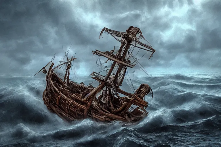 Prompt: epic pirate ship wreckage in a storm, sighting the kraken, in the style of vernon grant and chris van allsburg, trending on artstation, bright tilt - shift camcorder effect, photoshop, retrowave, hyperrealism,