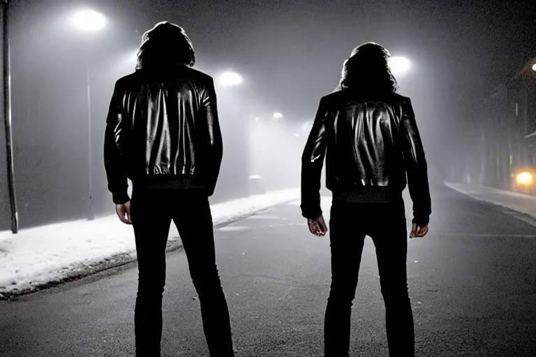 Image similar to movie shot of young man from back pacing lowering head dressed in short leather bomber jacket to empty narrow alley with street lamps in park with pines to the horizon, with hands in pockets, snowfall at night, mullet long haircut, black hairs, cinematic, dramatic, detailed, realistic, movie shot, low greenish lighting