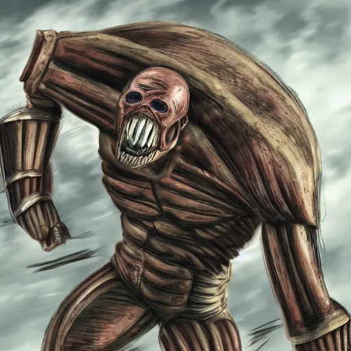Prompt: Realistic Armored titan rushing through the big walls, attack on titan