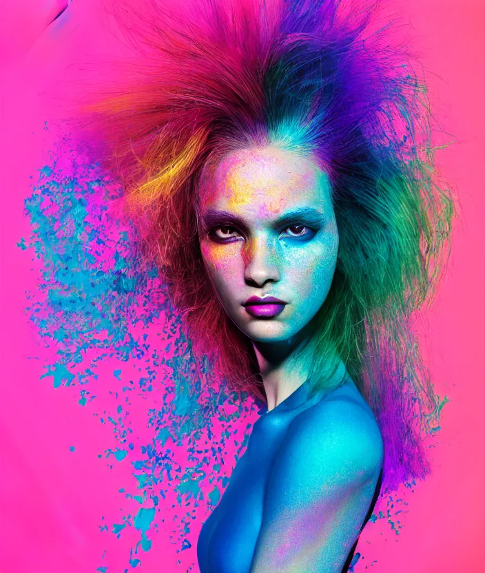 Prompt: full portrait of a post modern hybrid fashion model with an exuberant post modern hair, colorful, photo realistic face, octane render, vray, detailed, halftoned, editorial illustration, matte print, grainy light, ( ( dither ) ), risograph, high contrast, screen print, grainy texture