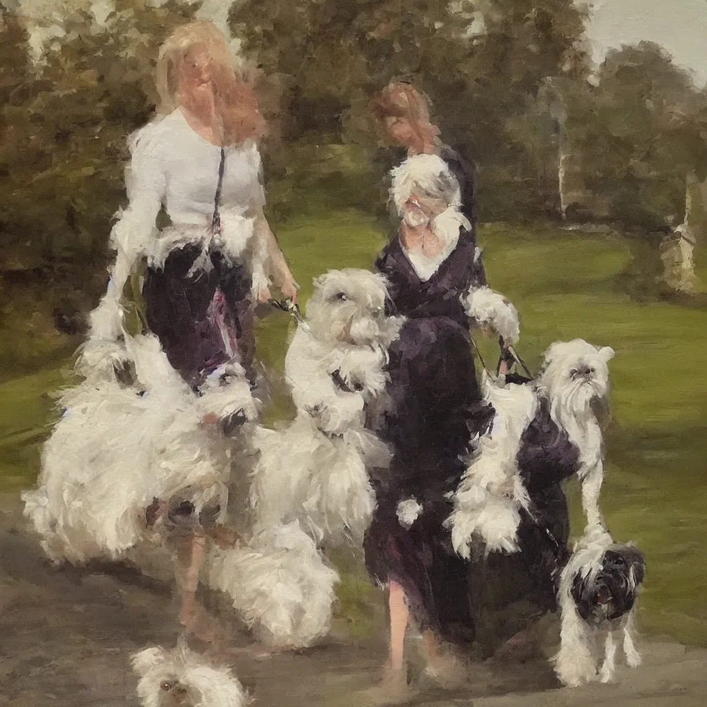 Image similar to A beautiful woman with freckles walking a Maltese Terrier in Buckingham Palace, oil paint on canvas, art,