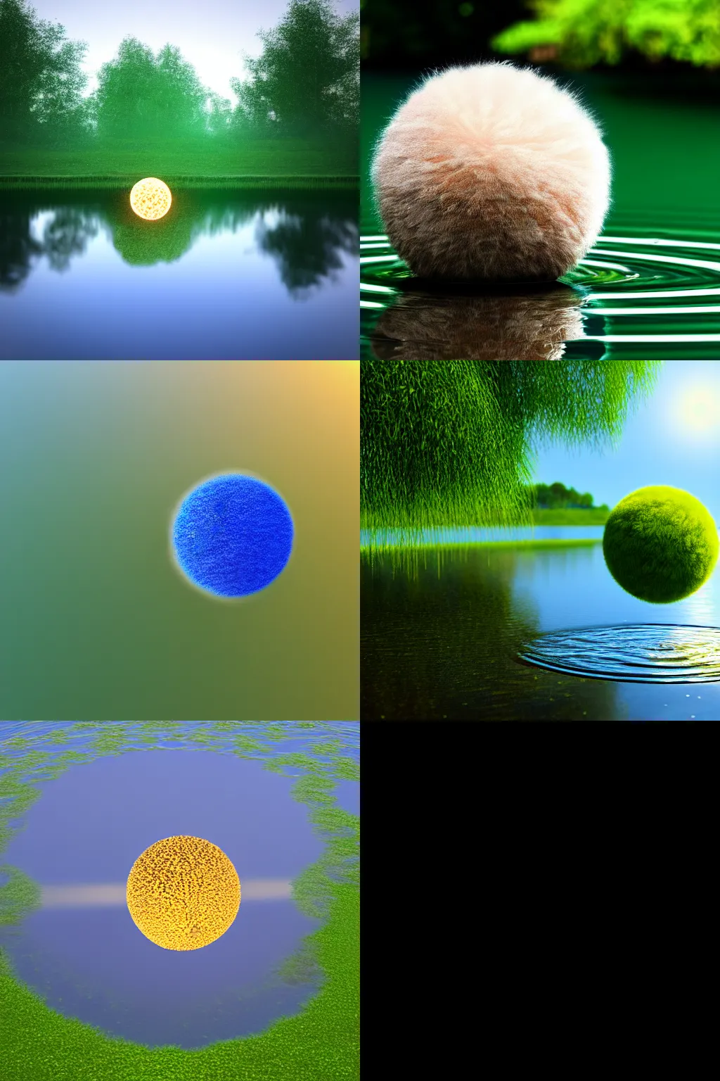 Prompt: a fuzzy orb floating on a pond, calm water, photorealistic, 4 k, detailed